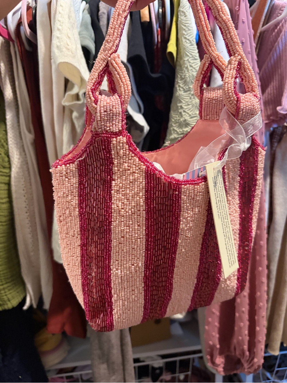 Source Unknown Pink and Deep Pink Beaded Mini Tote